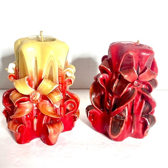 Set of 2 Unique vintage Artisan  hand carved 70s Glow ribbon candles Not used - Picture 9 of 9